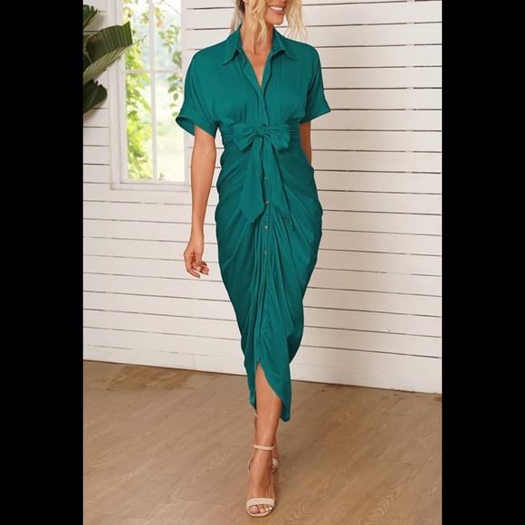 No Brand Dresses & Skirts - Maxi Satin Button Down Shirt Dress w/ Belt